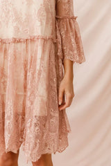 Blush Pink Lace Mini Dress with Bell Sleeves and Scalloped Hem