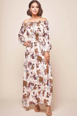 Cream Floral Off-Shoulder Maxi Dress with Front Slit and Long Sleeves