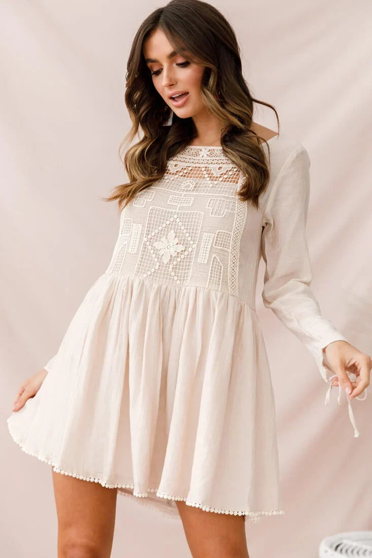 Beige Long Sleeve Mini Dress with Crochet Lace Yoke and Swing Hem