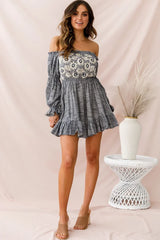 Blue Off-Shoulder Mini Dress with Daisy Embroidery and Puff Sleeves