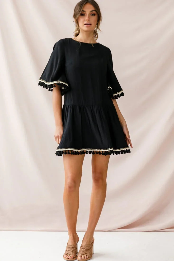 Black Mini Dress with Tassel Trim, Bell Sleeves and Drop Waist