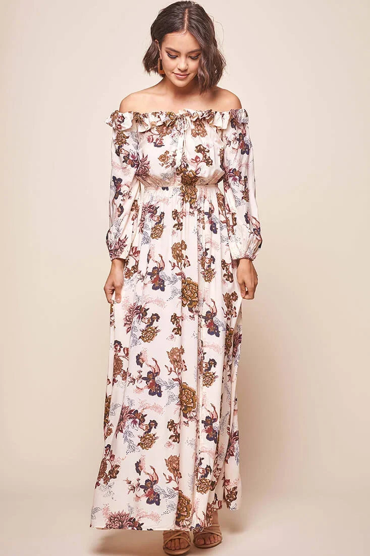 Cream Floral Off-Shoulder Maxi Dress with Front Slit and Long Sleeves