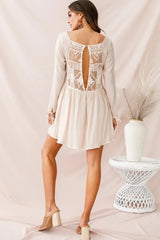 Beige Long Sleeve Mini Dress with Crochet Lace Yoke and Swing Hem
