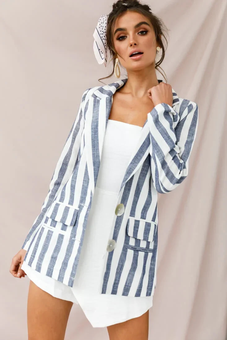 Blue and White Striped Blazer with Notched Lapel and Flap Pockets
