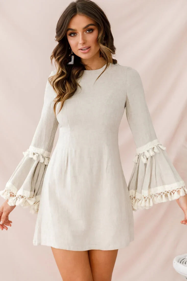 Beige Mini Dress with Tassel Trim Bell Sleeves and Crew Neck