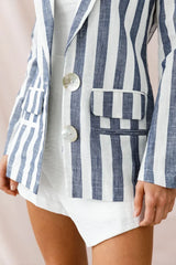 Blue and White Striped Blazer with Notched Lapel and Flap Pockets