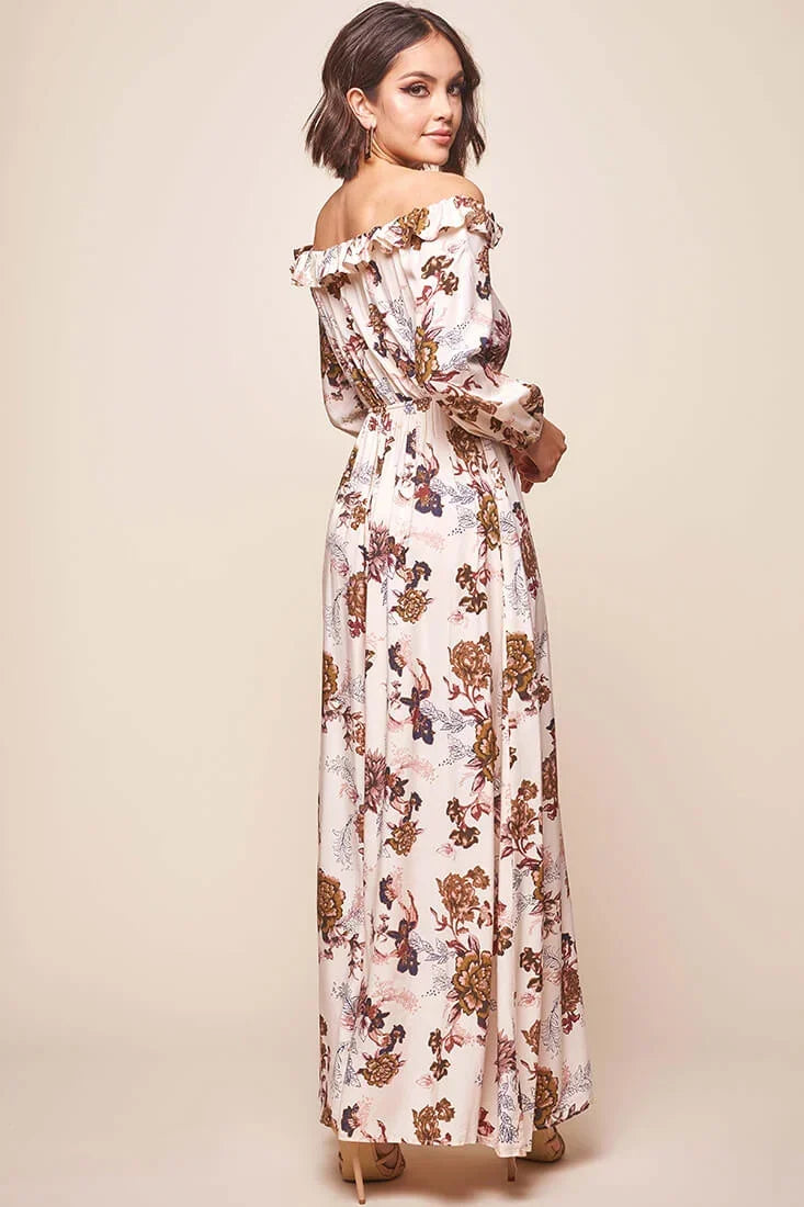 Cream Floral Off-Shoulder Maxi Dress with Front Slit and Long Sleeves