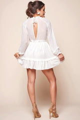 White Swiss Dot Mini Dress with High Neck and Ruffle Hem
