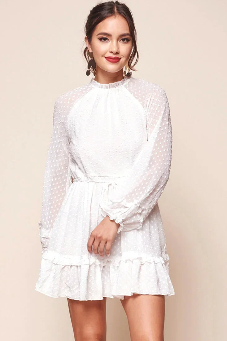 White Swiss Dot Mini Dress with High Neck and Ruffle Hem