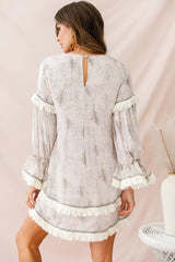 Beige Printed Mini Dress with Fringe Trim and Balloon Sleeves