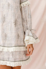 Beige Printed Mini Dress with Fringe Trim and Balloon Sleeves
