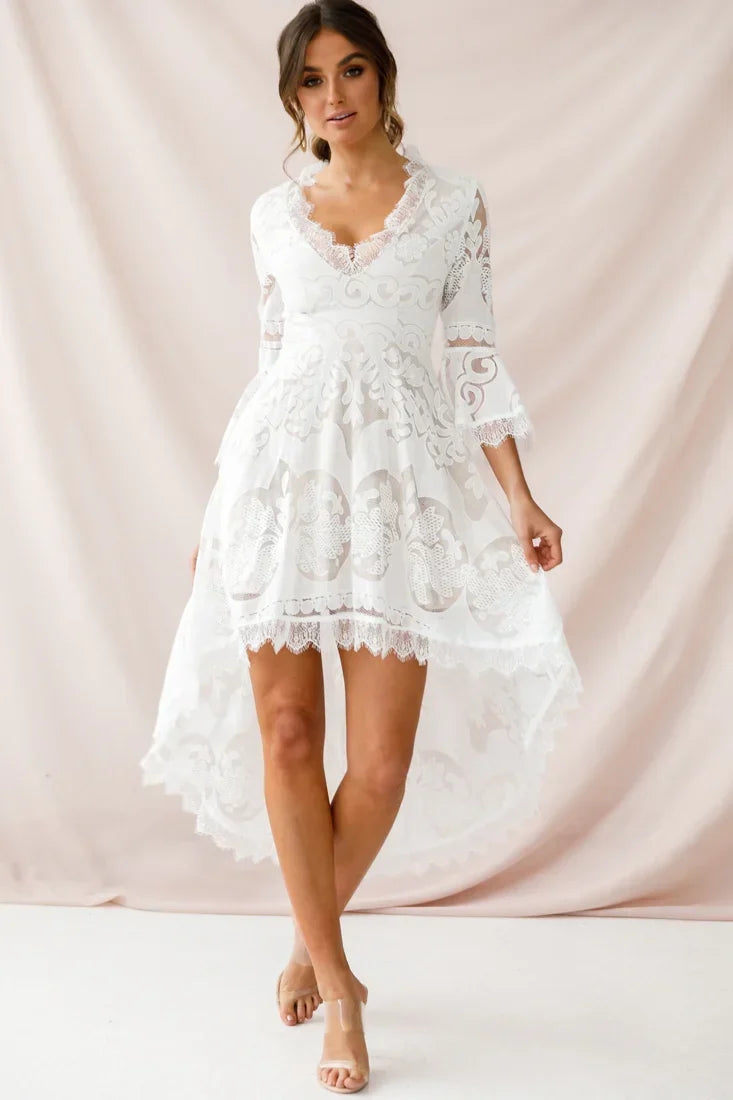 White Lace High-Low Dress with V-Neck and Bell Sleeves