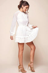 White Swiss Dot Mini Dress with High Neck and Ruffle Hem