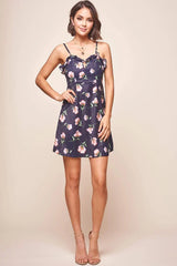 Navy Floral Mini Dress with Sweetheart Neckline and Ruffle Straps