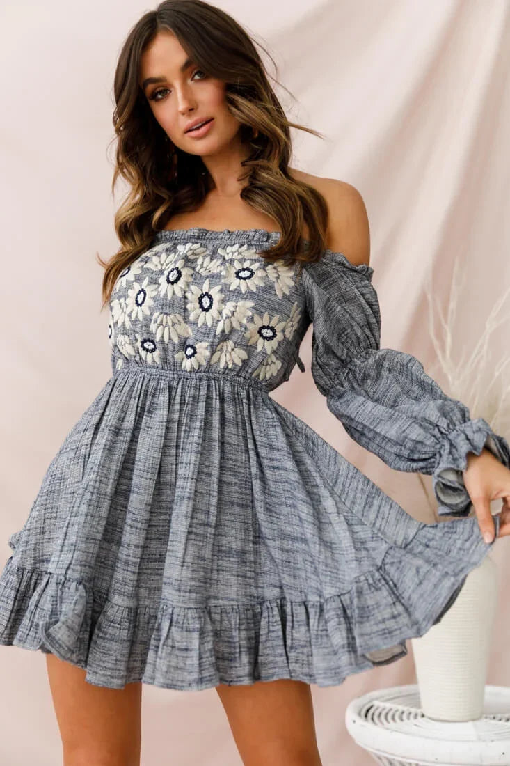 Blue Off-Shoulder Mini Dress with Daisy Embroidery and Puff Sleeves