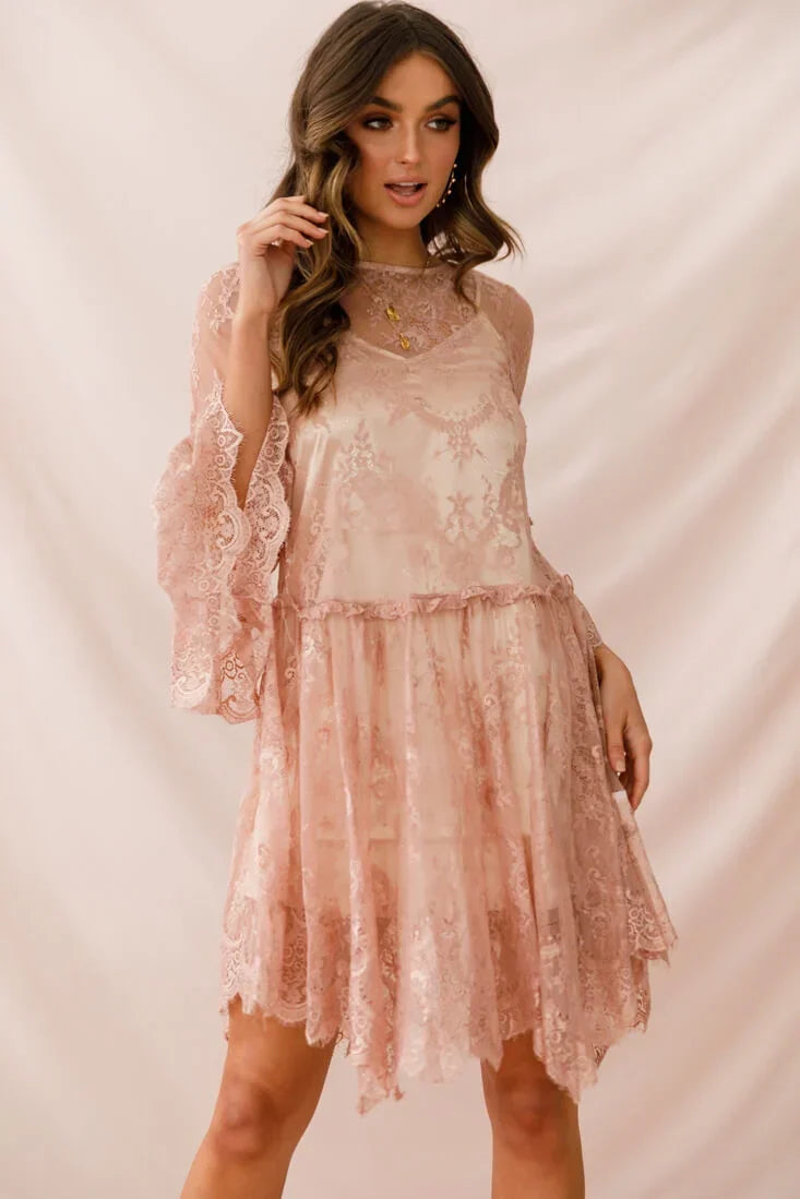 Blush Pink Lace Mini Dress with Bell Sleeves and Scalloped Hem