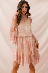 Blush Pink Lace Mini Dress with Bell Sleeves and Scalloped Hem