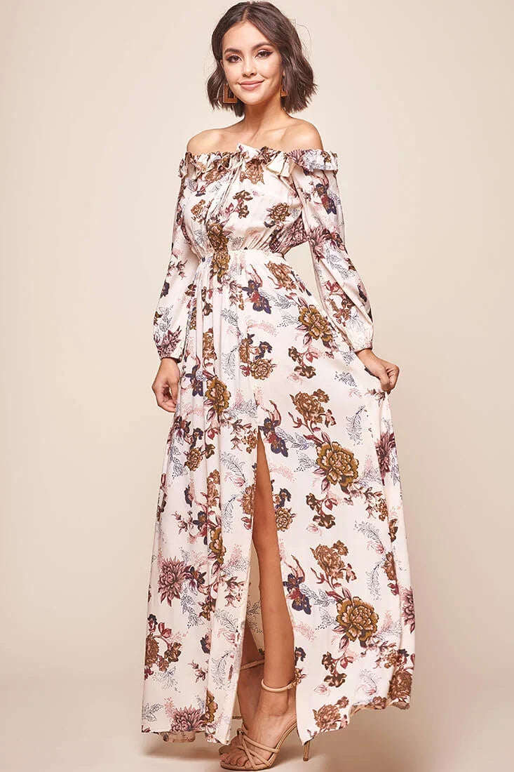 Cream Floral Off-Shoulder Maxi Dress with Front Slit and Long Sleeves