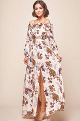 Cream Floral Off-Shoulder Maxi Dress with Front Slit and Long Sleeves