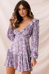 Lilac Floral Mini Dress with Plunging V-Neck and Ruffle Trim