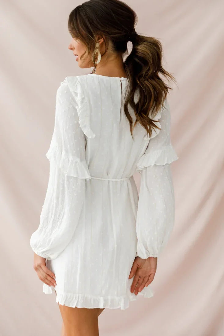 White Long Sleeve Mini Dress with Ruffle Trim and Tie Waist