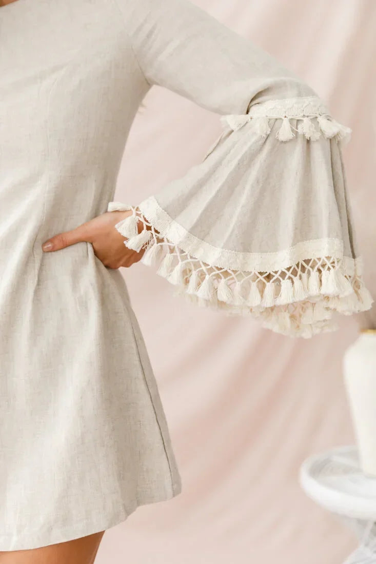 Beige Mini Dress with Tassel Trim Bell Sleeves and Crew Neck