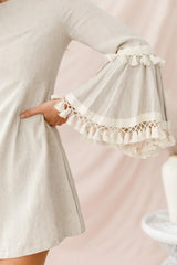Beige Mini Dress with Tassel Trim Bell Sleeves and Crew Neck