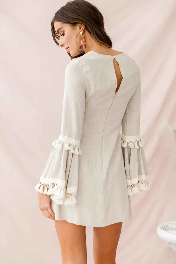 Beige Mini Dress with Tassel Trim Bell Sleeves and Crew Neck