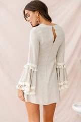 Beige Mini Dress with Tassel Trim Bell Sleeves and Crew Neck